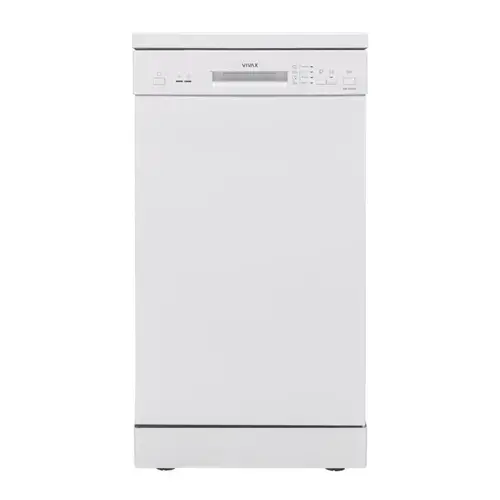 Masina de spalat vase slim VIVAX DW-45942B, 9 Seturi, 4 Programe, Clasa E, Eco, Doua cosuri, Spalare 360°, Intensiv, Quick Wash, Half load, Control electronic cu iluminare LED, Avertizare sare, Protectie overflow, 45cm (Alb)