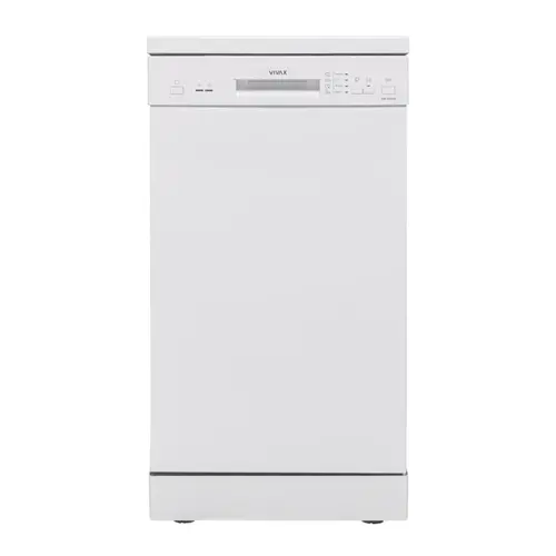 Masina de spalat vase slim VIVAX DW-45942B, 9 Seturi, 4 Programe, Clasa E, Eco, Doua cosuri, Spalare 360°, Intensiv, Quick Wash, Half load, Control electronic cu iluminare LED, Avertizare sare, Protectie overflow, 45cm (Alb)