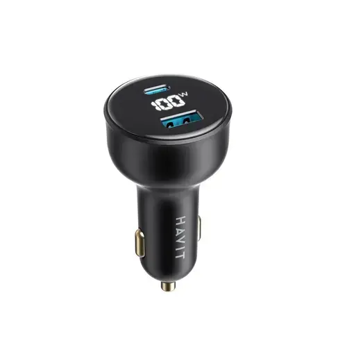 Incarcator auto cu Display Digital HAVIT CC100W, 1 USB-A, 1 USB-C, 100W (Negru)
