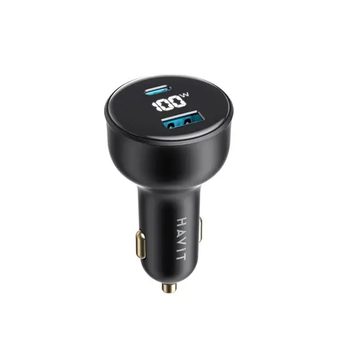 Incarcator auto cu Display Digital HAVIT CC100W, 1 USB-A, 1 USB-C, 100W (Negru)