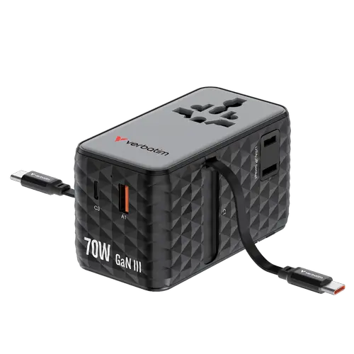 Incarcator retea Verbatim Charge 'n' Travel GaN, 70 W, 2 cabluri retractabile, 3 x USB-C, USB-A (Negru)