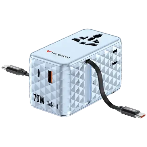 Incarcator retea Verbatim Charge 'n' Travel GaN, 70 W, 2 cabluri retractabile, 3 x USB-C, USB-A (Albastru)