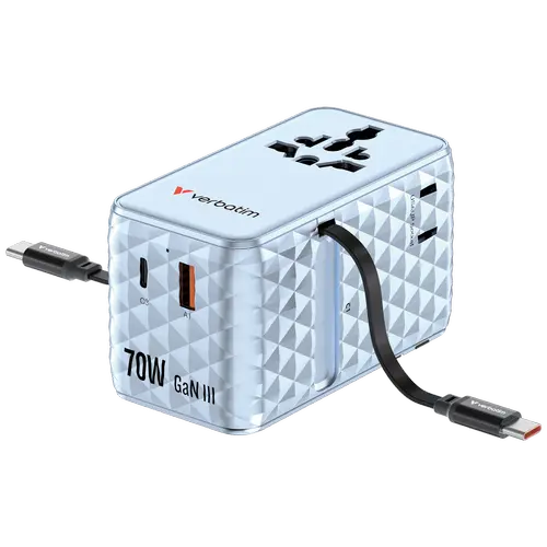 Incarcator retea Verbatim Charge 'n' Travel GaN, 70 W, 2 cabluri retractabile, 3 x USB-C, USB-A (Albastru)