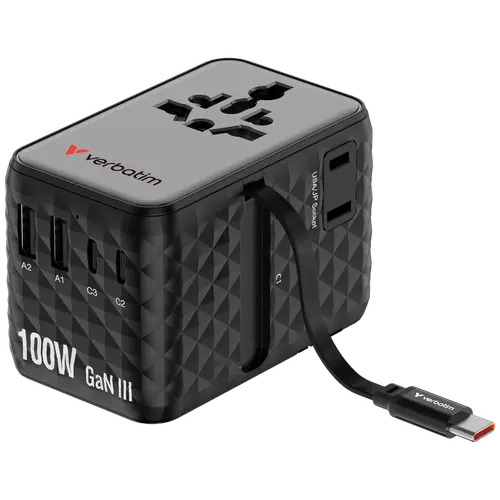 Incarcator retea Verbatim Charge 'n' Travel GaN III 30191, 100 W, 2 x USB-C, 2 x USB-A, Cablu retractabil USB-C, 2x AC (Negru)