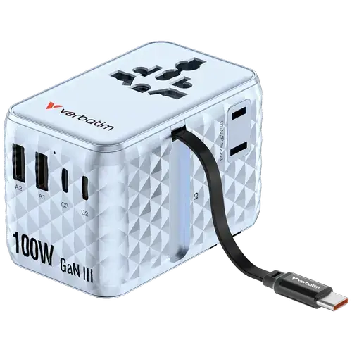 Incarcator retea Verbatim Charge 'n' Travel GaN III 30192, 100 W, 2 x USB-C, 2 x USB-A, Cablu retractabil USB-C, 2x AC (Albastru)