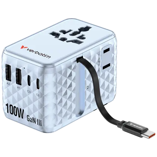 Incarcator retea Verbatim Charge 'n' Travel GaN III 30192, 100 W, 2 x USB-C, 2 x USB-A, Cablu retractabil USB-C, 2x AC (Albastru)