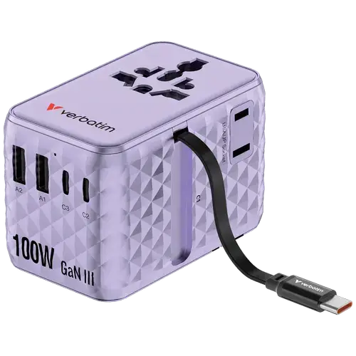 Incarcator retea Verbatim Charge 'n' Travel GaN III 30193, 100 W, 2 x USB-C, 2 x USB-A, Cablu retractabil USB-C, 2x AC (Violet)