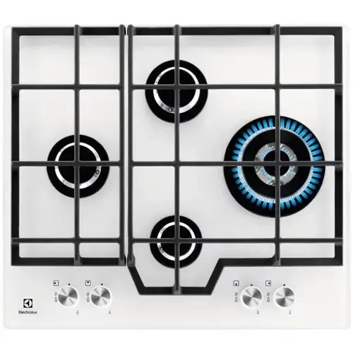 Plita incorporabila Electrolux GME363NV, Gaz, 4 arzatoare, Aprindere electrica integrata, Dispozitiv siguranta, Gratare fonta, 60 cm (Alb)