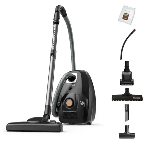 Aspirator cu sac Rowenta Green Force Effitech Total Clean RO6189EA, 400W, 3 niveluri de filtrare, lungime cablu 8.4m, recipient praf 4.5L, perie EasyBrush, indicator umplere sac (Negru)
