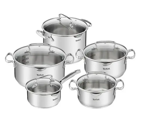 Set 10 piese de vase pentru gatit Tefal Duetto+ G719SA55, Capace de sticla, Inox (Argintiu)