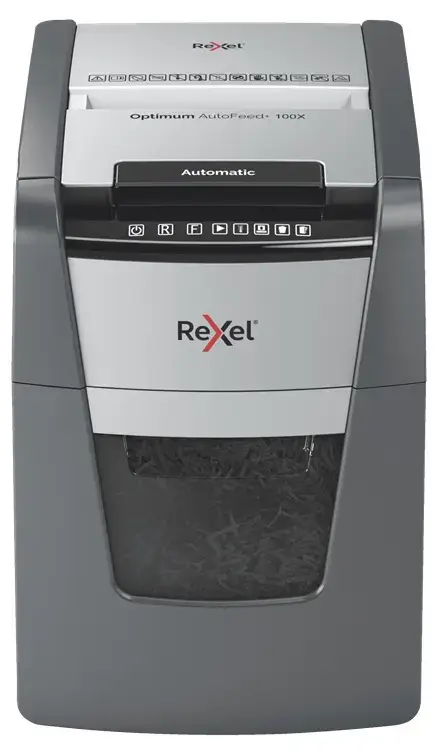 Distrugator documente si carduri automat Rexel Optimum AutoFeed+ 100X RX-2020100XEU, P4, 100 Coli, Cos 34 L (Negru)