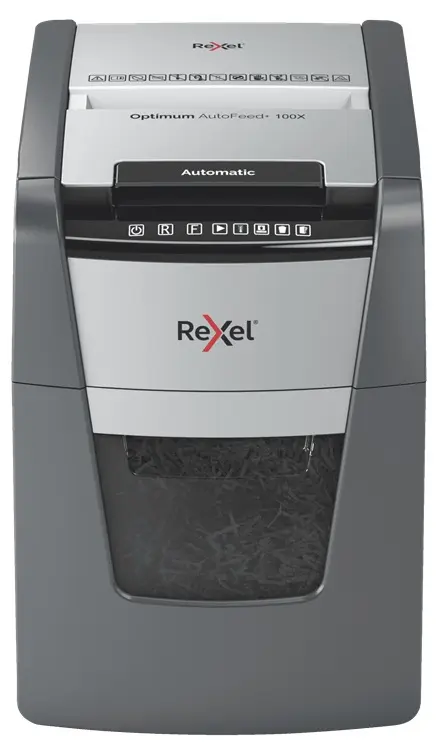 Distrugator documente si carduri automat Rexel Optimum AutoFeed+ 100X RX-2020100XEU, P4, 100 Coli, Cos 34 L (Negru)
