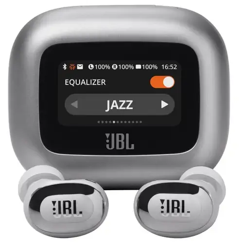 Casti True Wireless In-Ear JBL Live Buds 3, Bluetooth, Ecran Touchscreen 1.45inch, ANC, 6 Microfoane, Personi-fi 3.0, IP55 (Argintiu)