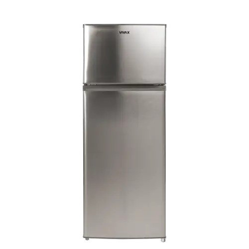 Frigider cu doua usi VIVAX DD-207E X, 204L, Clasa E, Termostat reglabil, Iluminare LED, Usi reversibile, Suprafata painted metal, 3 Rafturi de Sticla securizata, H 143 cm (Inox)
