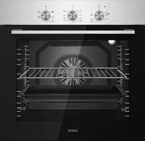 Cuptor incorporabil VIVAX BO-806BFTM X, Electric, Clasa A, Capacitate 80 l, 5 programe + Lumina, Grill, Convectie, Temperatura ajustabila 40–240°C, 2500W, Timer, Ghidaje cromate detasabile, Usa dubla din sticla, Ventilatie tangentiala de racire (Inox)