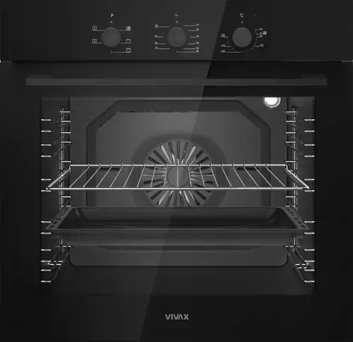 Cuptor incorporabil VIVAX BO-806BFTM G, Electric, Clasa A, Capacitate 80 l, 5 programe + Lumina, Grill, Convectie, Temperatura ajustabila 40–240°C, 2500W, Timer, Ghidaje cromate detasabile, Usa dubla din sticla, Ventilatie tangentiala de racire (Negru)