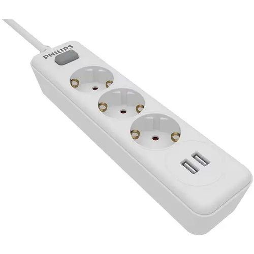 Prelungitor Philips SPN3032WA/58, cu intrerupator, protectie copii, 3 prize, x USB-A, 2 m, Alb