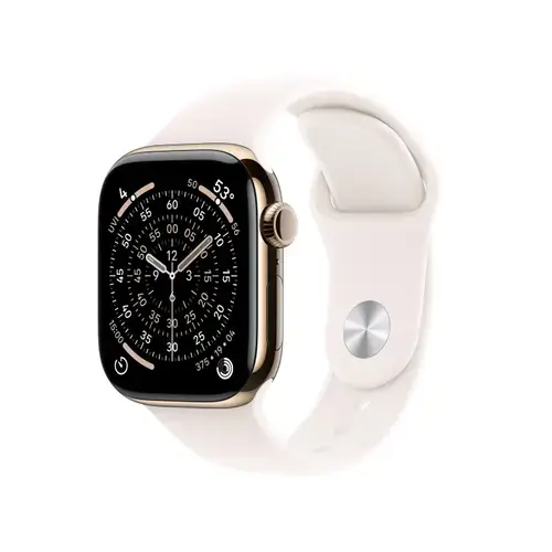 Smartwatch Apple Watch 11, GPS + Cellular, 42mm, Ecran Retina LTPO OLED, Chip S10 cu Procesor Dual-Core, 64GB Flash, Wi-Fi, Bluetooth, Carcasa Titan, Curea Sport Band S/M (Auriu)