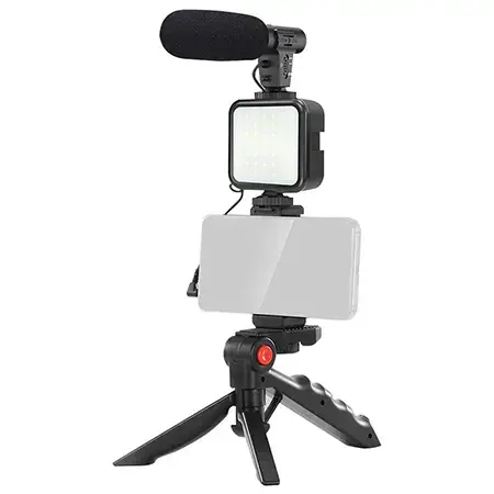 Set vlogging Platinet 4in1 PMVG4IN1, Microfon, Lampa LED, Suport smartphone, Trepied de masa (Negru)