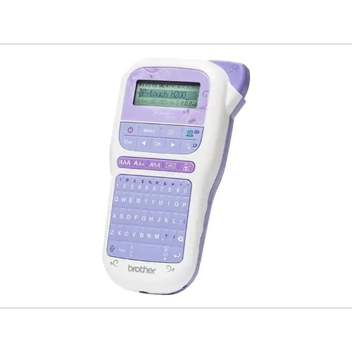 Sistem de etichetare Brother PT-H200 TZe, 4 marimi imprimare, QWERTY, 180 dpi, 6x AAA (Alb/Mov)