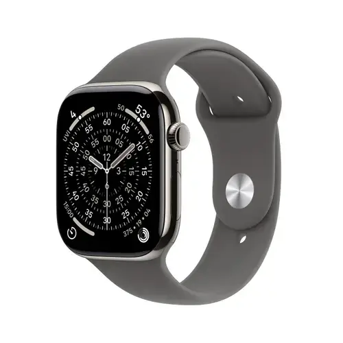 Smartwatch Apple Watch 11, GPS + Cellular, 42mm, Ecran Retina LTPO OLED, Chip S10 cu Procesor Dual-Core, 64GB Flash, Wi-Fi, Bluetooth, Carcasa Titan, Curea Sport Band M/L (Argintiu)
