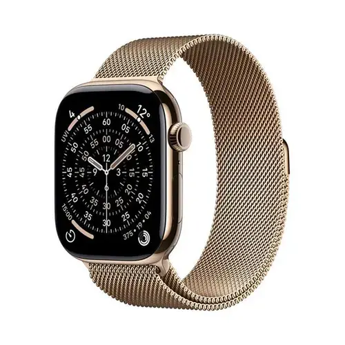 Smartwatch Apple Watch 11, GPS + Cellular, 46mm, Ecran Retina LTPO OLED, Chip S10 cu Procesor Dual-Core, 64GB Flash, Wi-Fi, Bluetooth, Carcasa Titan, Curea Milanese Loop S/M (Auriu)