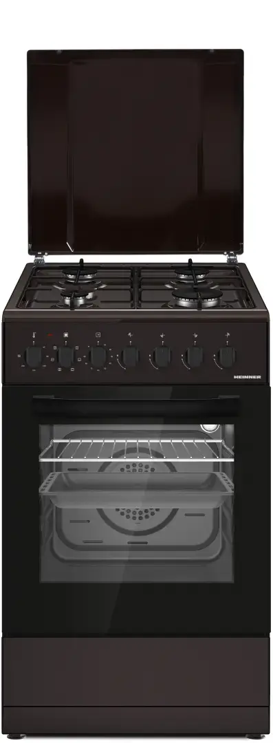 Aragaz mixt HEINNER HFSC-S60LITGC-BRW, Gaz, 4 arzatoare, Aprindere electrica plita, Cuptor electric, Clasa A, 6 functii, Grill, Ventilatie, Lumina cuptor (Maro)