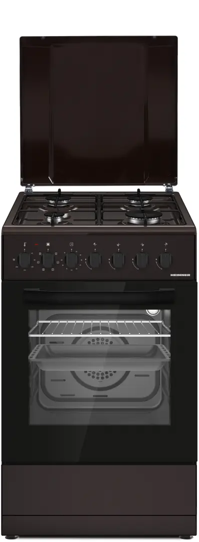 Aragaz mixt HEINNER HFSC-S60LITGC-BRW, Gaz, 4 arzatoare, Aprindere electrica plita, Cuptor electric, Clasa A, 6 functii, Grill, Ventilatie, Lumina cuptor (Maro)