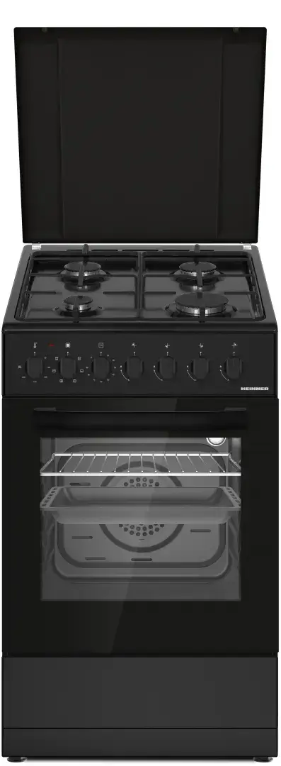 Aragaz mixt HEINNER HFSC-S60LITGC-BK, Gaz, 4 arzatoare, Aprindere electrica plita, Cuptor electric, Clasa A, 6 functii, Grill, Ventilatie, Lumina cuptor (Negru)