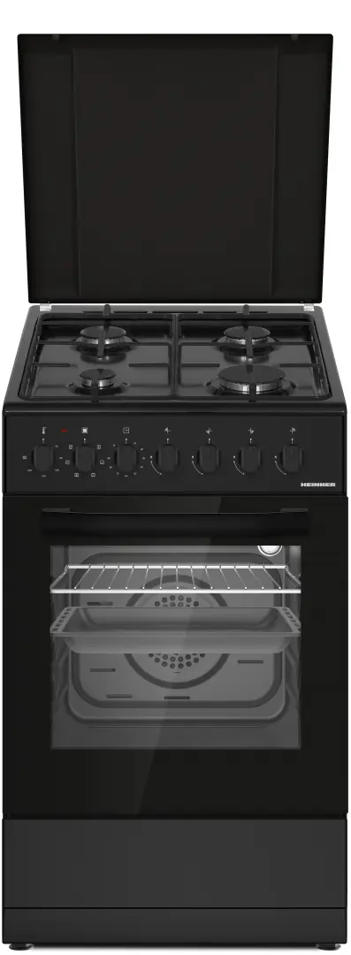 Aragaz mixt HEINNER HFSC-S60LITGC-BK, Gaz, 4 arzatoare, Aprindere electrica plita, Cuptor electric, Clasa A, 6 functii, Grill, Ventilatie, Lumina cuptor (Negru)