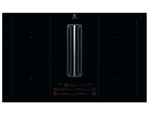 Plita inductie cu hota integrata Electrolux KCC84453CK, ComboHob FlexiBridge, Seria 600, 83 cm, Control touch prin culisare, Booster (4 zone), Functie punte, Motor inverter, 2 Filtre de carbon si aluminiu incluse, 630 mc/h (Negru)
