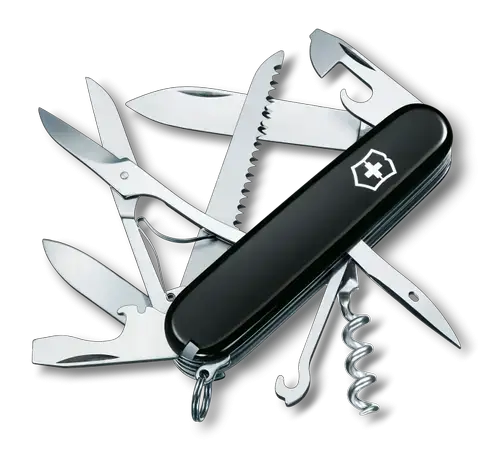 Briceag multifunctional Victorinox Huntsman Swiss Army Knife, 15 functii, Lama mica/mare, Tirbuson, Alezor, Perforator si punte de cusut, Foarfece, Ferastrau, Carlig, Breloc, Penseta, Surubelnita (Negru)