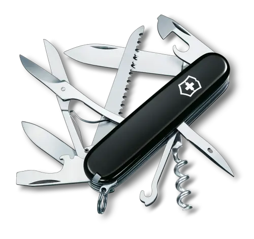 Briceag multifunctional Victorinox Huntsman Swiss Army Knife, 15 functii, Lama mica/mare, Tirbuson, Alezor, Perforator si punte de cusut, Foarfece, Ferastrau, Carlig, Breloc, Penseta, Surubelnita (Negru)