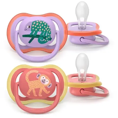 Set 2 suzete Philips Avent Ultra Air SCF349/47 care lasa pielea bebelusului sa respire, tetina extra-ferma, ortodontice, fara BPA, 18 luni+, colorat