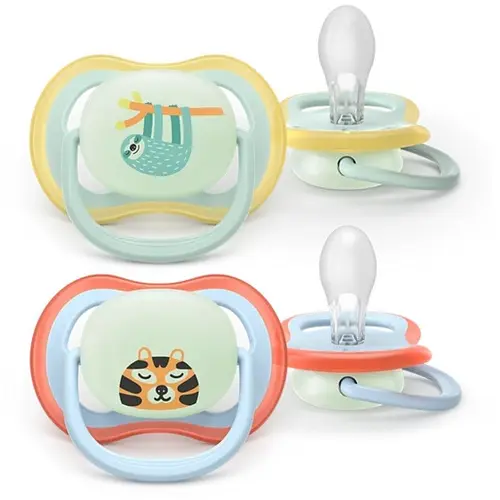 Set 2 suzete Philips Avent Ultra Air SCF376/24 care lasa pielea bebelusului sa respire, ortodontice, fara BPA, 0-6 luni, pentru noapte, cu buton fosforescent