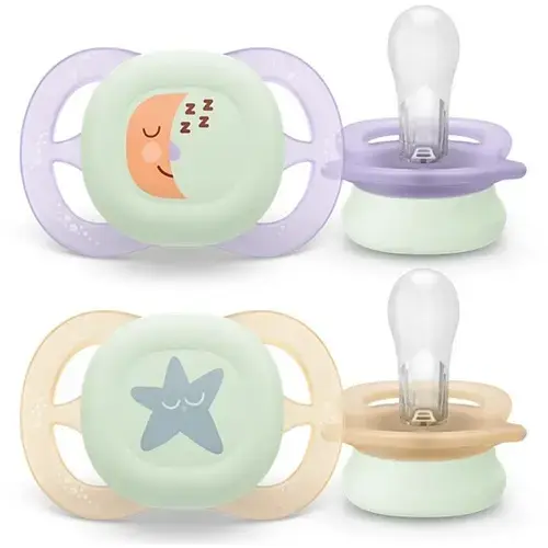 Set 2 suzete Philips Avent Ultra Start SCF075/17, ortodontice, fara BPA, 0-2 luni, pentru noapte, cu buton fosforescent