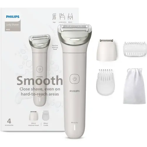 Aparat de ras electric pentru femei, fara fir Philips BRL147/00, umed si uscat, autonomie: 120 minute, 4 accesorii, lumina led, cap de ras flexibil, cap pentru tuns zona inghinala (Mov)