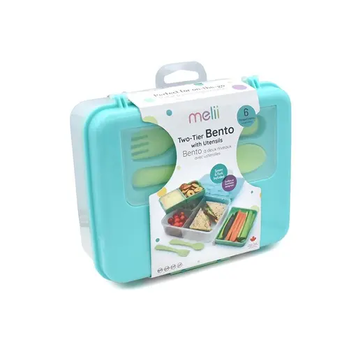 Cutie pentru pranz Melii Bento,  Plastic, 5 compartimente, 118ml, 300ml, 190ml, 530ml, Transparent/Albastru