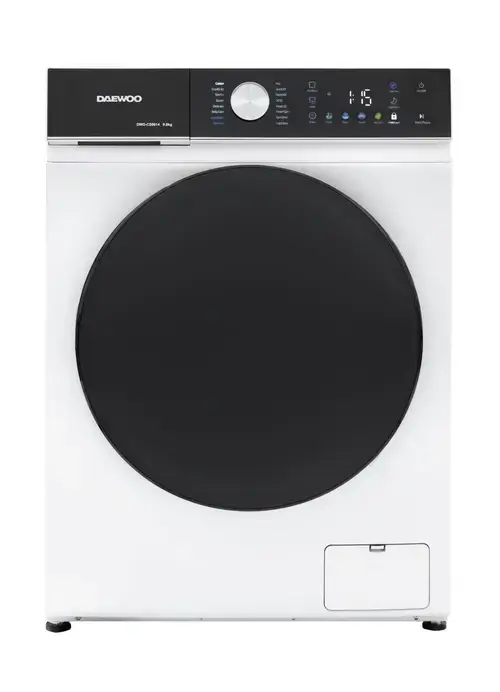 Masina de spalat rufe Daewoo DWD-CS9014, 9 kg, Motor inverter, 1400 rpm, 16 programe, butoane touch, panou de control negru cu pictograme colorate, Usa dubla neagra, Clasa A (Alb)