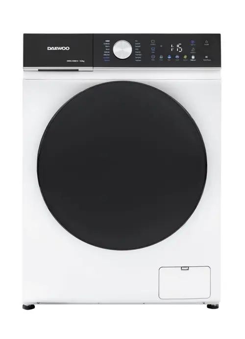 Masina de spalat rufe Daewoo DWD-CS9014, 9 kg, Motor inverter, 1400 rpm, 16 programe, butoane touch, panou de control negru cu pictograme colorate, Usa dubla neagra, Clasa A (Alb)