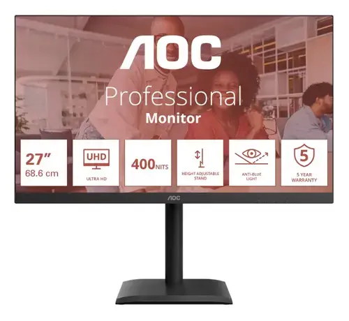 Monitor LED AOC 27 U27E4CV, UHD (3840 x 2160), HDMI, DisplayPort, Boxe, Pivot (Negru)
