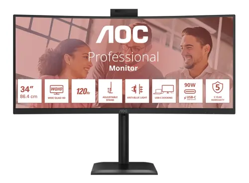 Monitor VA LED AOC 34inch CU34E4CW, UWQHD (3440x1440), HDMI, DisplayPort, Ecran curbat, Boxe, 120 Hz, 4 ms (Negru)
