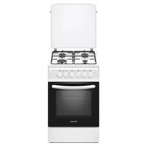 Aragaz Nobeltek NLT 5604A/E1, plita gaz si cuptor electric, ventilator, aprindere electrica plita, siguranta plita, iluminare cuptor, echipat cu diuze GN, diuze GPL de schimb, capac tabla (Alb)