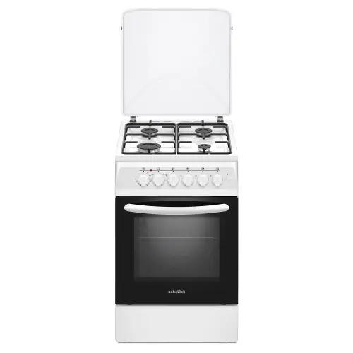 Aragaz Nobeltek NLT 5604A/E1, plita gaz si cuptor electric, ventilator, aprindere electrica plita, siguranta plita, iluminare cuptor, echipat cu diuze GN, diuze GPL de schimb, capac tabla (Alb)