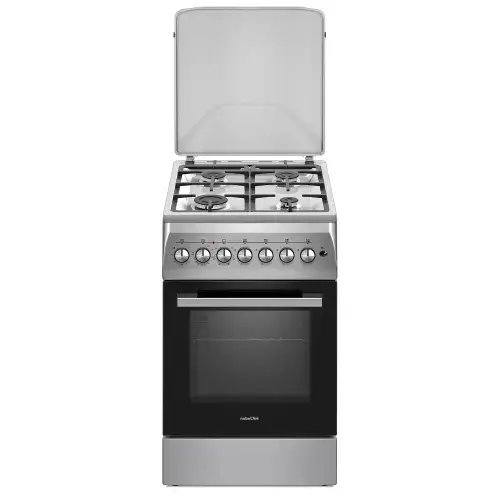 Aragaz Nobeltek NLT 5604IX/FE1, plita gaz si cuptor electric, aprindere electrica plita, gratare fonta, iluminare cuptor, timer, echipat cu diuze GN, diuze GPL de schimb, capac tabla (Argintiu)