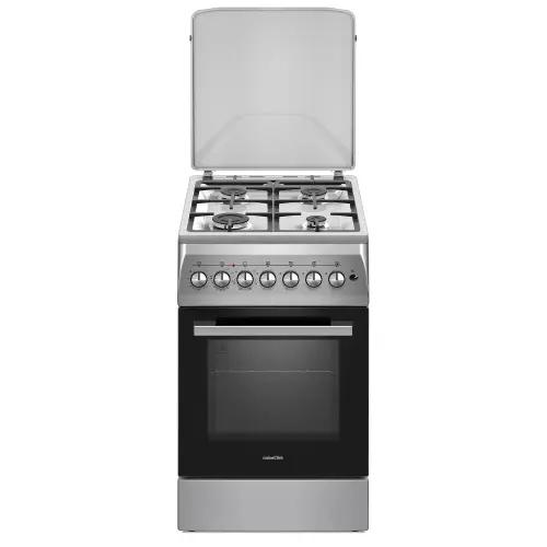 Aragaz Nobeltek NLT 5604IX/FE1, plita gaz si cuptor electric, aprindere electrica plita, gratare fonta, iluminare cuptor, timer, echipat cu diuze GN, diuze GPL de schimb, capac tabla (Argintiu)