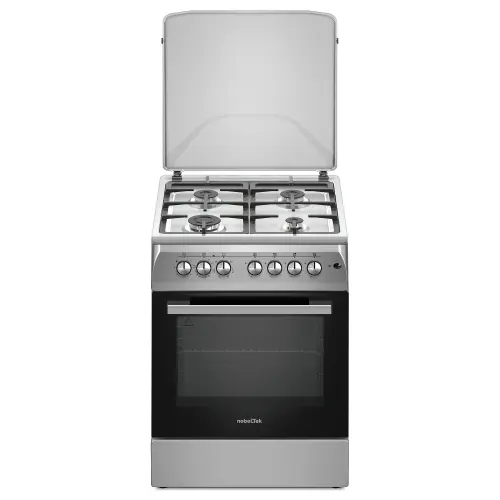 Aragaz Nobeltek NLT 6604IX/FE1, plita gaz si cuptor electric, aprindere electrica plita, gratare fonta, iluminare cuptor, timer, echipat cu diuze GN, diuze GPL de schimb, capac tabla (Argintiu)