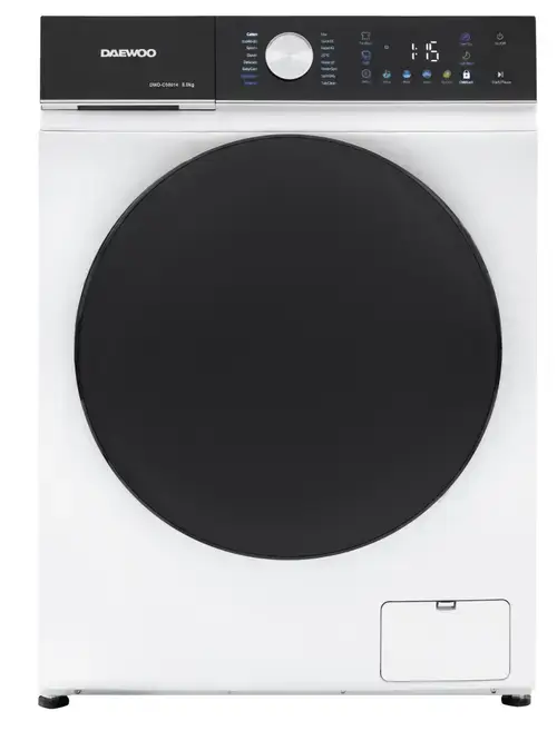 Masina de spalat rufe Daewoo DWD-CS8014, 8 kg, Motor inverter, 1400 rpm, Clasa A-30%, 16 programe, Butoane touch, Panou de control negru cu pictograme colorate, usa dubla neagra (PC Cover) (Alb)