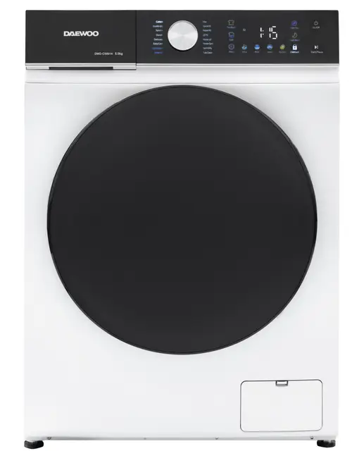 Masina de spalat rufe Daewoo DWD-CS8014, 8 kg, Motor inverter, 1400 rpm, Clasa A-30%, 16 programe, Butoane touch, Panou de control negru cu pictograme colorate, usa dubla neagra (PC Cover) (Alb)