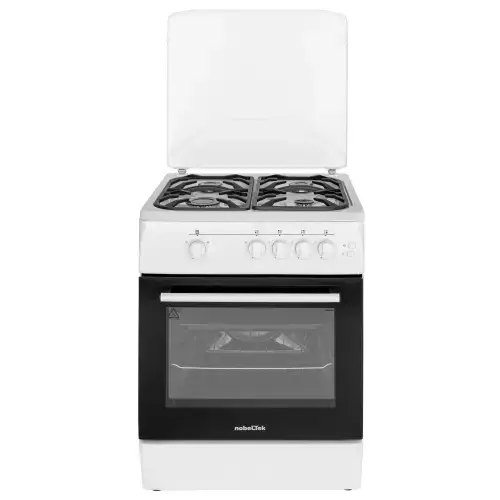 Aragaz Nobeltek NLT 6603A/G1, 60x60cm, Plita si cuptor gaz, Grill, Aprindere electrica, Iluminare cuptor, Gratare din fonta, Echipat cu diuze GPL, diuze GN de schimb, capac tabla (Alb)